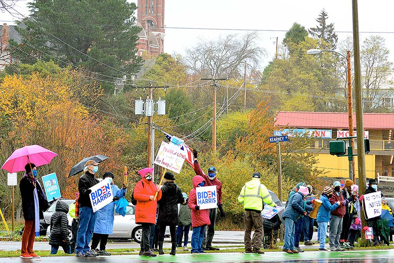 Scores of people turned out Nov. 7 for a Port Townsend rally supporting President-elect Joe Biden and Vice President-elect Kamala Harris. A celebration of the inauguration is planned for noon Wednesday the Pope Marine Plaza in downtown Port Townsend. (Diane Urbani de la Paz/Peninsula Daily News)