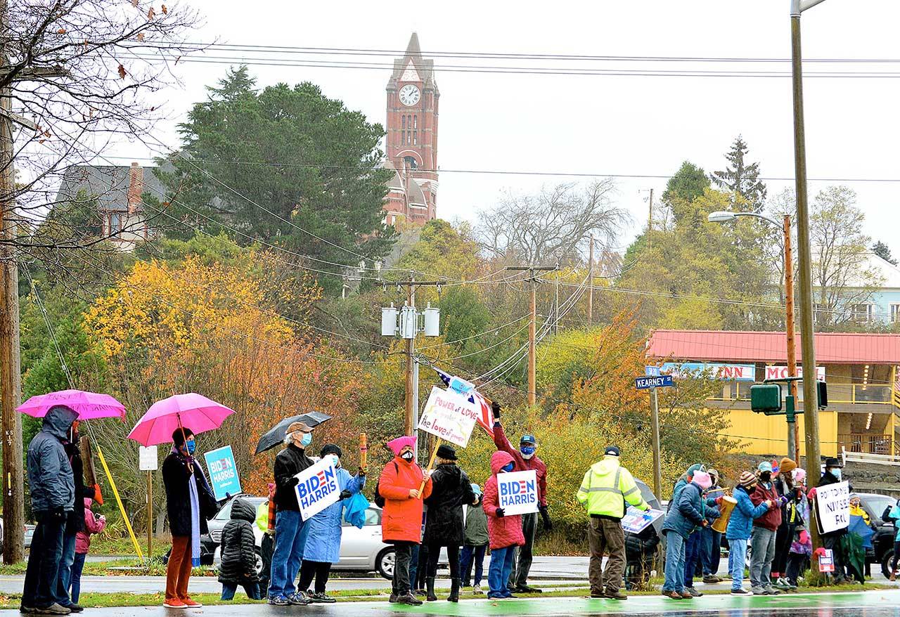 Scores of people turned out Nov. 7 for a Port Townsend rally supporting President-elect Joe Biden and Vice President-elect Kamala Harris. A celebration of the inauguration is planned for noon Wednesday at the Pope Marine Plaza in downtown Port Townsend. (Diane Urbani de la Paz/Peninsula Daily News)