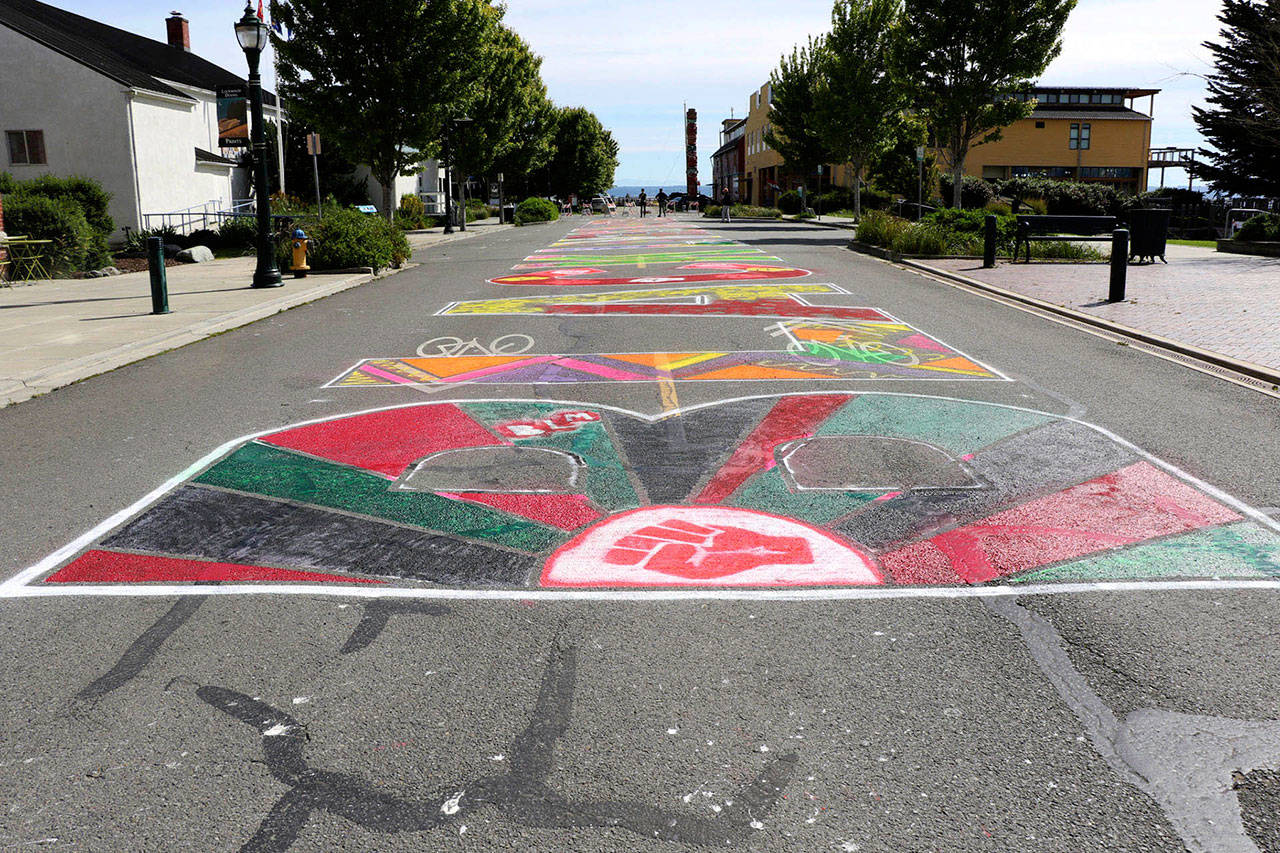 A team of volunteers painted “Black Lives Matter” on Port Townsend’s Water Street last summer. (Peninsula Daily News FILE)