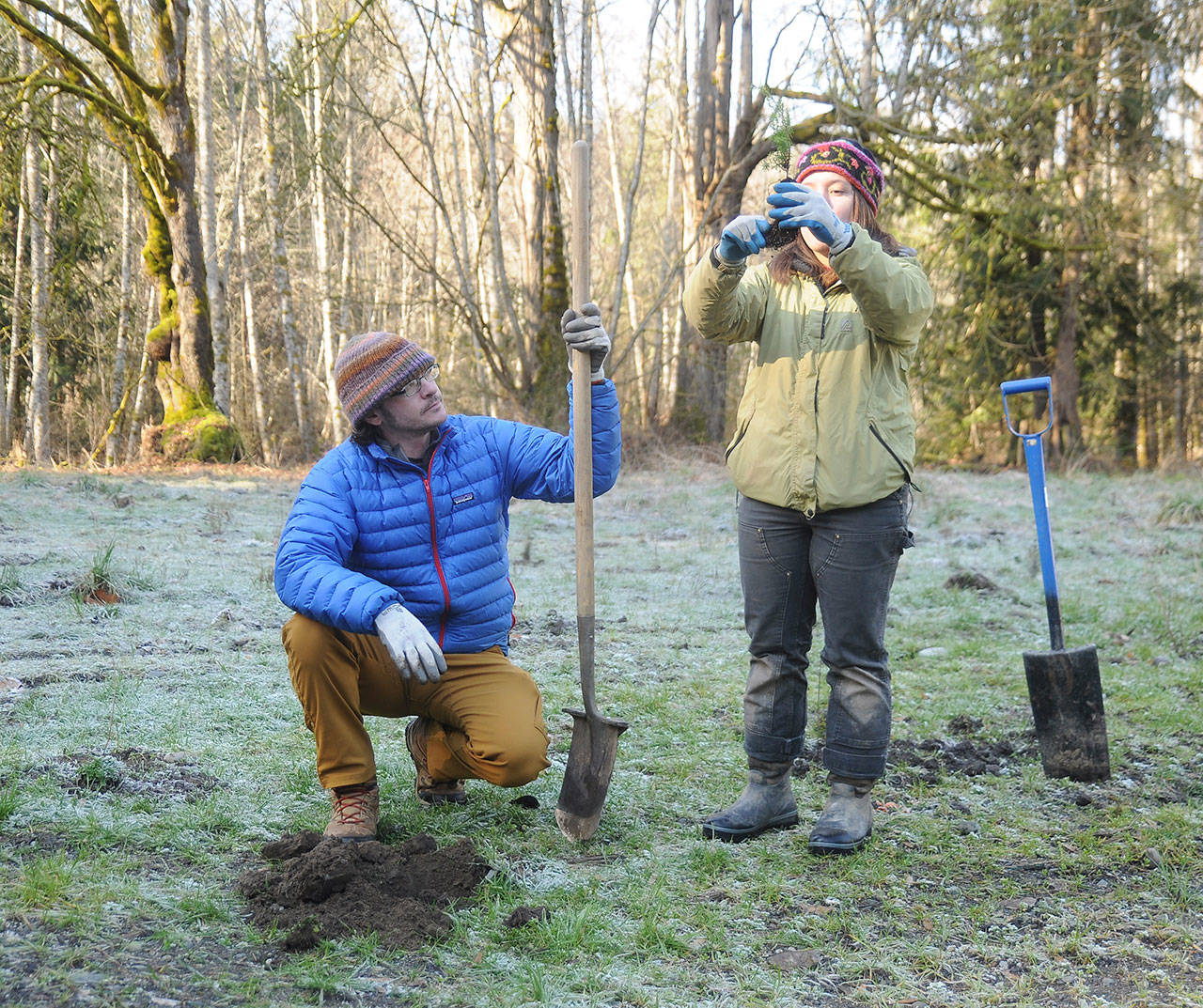 Stewardship coordinator Nate Roberts and education/outreach associate Rian Plastow of the North Olympic Salmon Coalition lead a tree planting event near the Dungeness River in pre-pandemic February 2020. (Michael Dashiell/Olympic Peninsula News Group file photo)