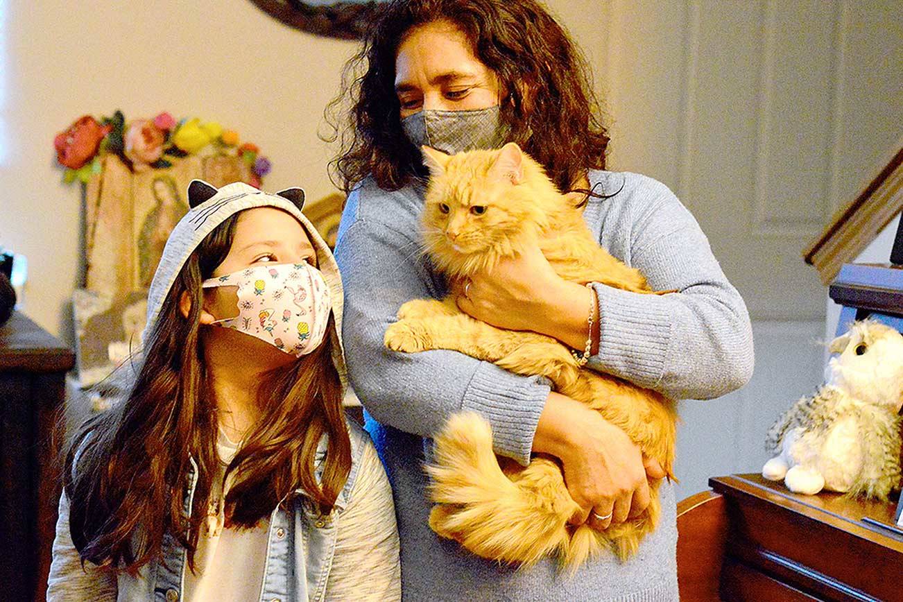 Natalia Guevara and her granddaughter Natali, 8, have been reunited with Honey the cat after nearly three months of searching. (Diane Urbani de la Paz/Peninsula Daily News)