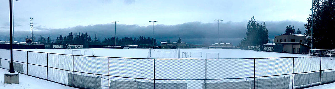 Port Angeles High School Wally Sigmar Field at Peninsula College still had a couple of inches of snow on the field Monday afternoon. The Port Angeles soccer girls are hoping to open their season tonight against East Jefferson, but that game may be postponed if the snow doesn’t melt.