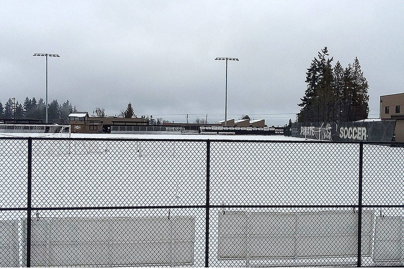 Port Angeles High School
Wally Sigmar Field at Peninsula College still had a couple of inches of snow on the field Monday afternoon. The Port Angeles soccer girls are hoping to open their season tonight against East Jefferson, but that game may be postponed if the snow doesn't melt.