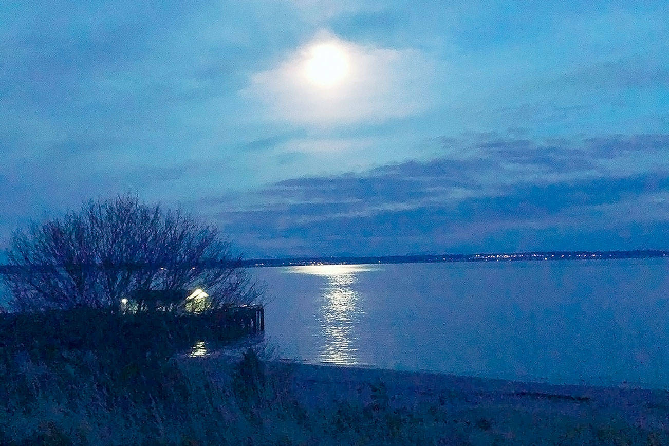 January's full moon lights the Salish Sea at Fort Worden State Park. (Diane Urbani de la Paz/Peninsula Daily News)