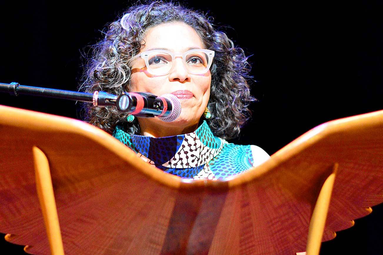 Washington state poet laureate Claudia Castro Luna, seen at Fort Worden's Wheeler Theater in summer 2019, will give a free online reading Thursday via Northwind Art. (Diane Urbani de la Paz/Peninsula Daily News)