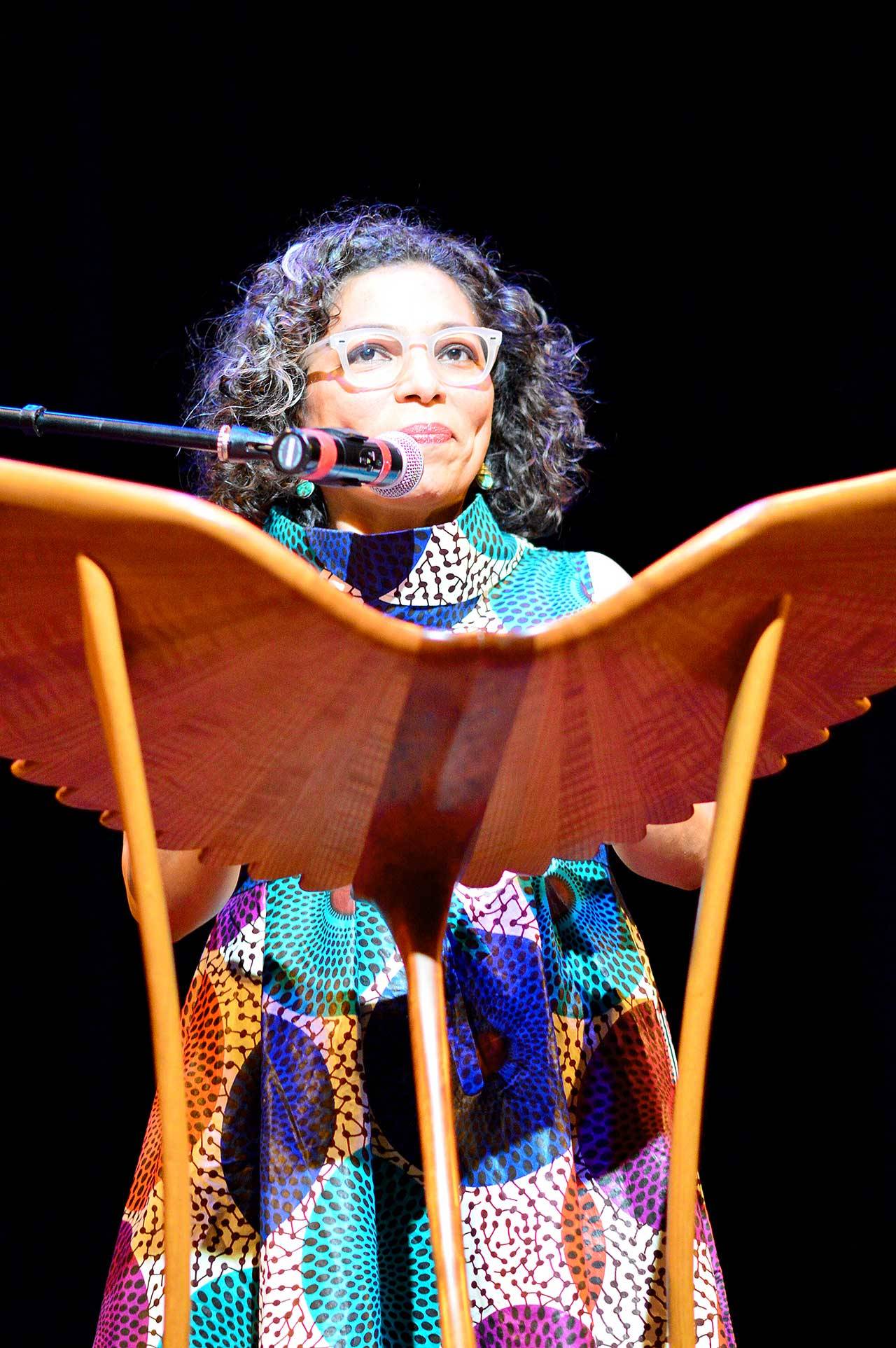 Washington state poet laureate Claudia Castro Luna, seen at Fort Worden’s Wheeler Theater in summer 2019, will give a free online reading Thursday via Northwind Art. (Diane Urbani de la Paz/Peninsula Daily News)