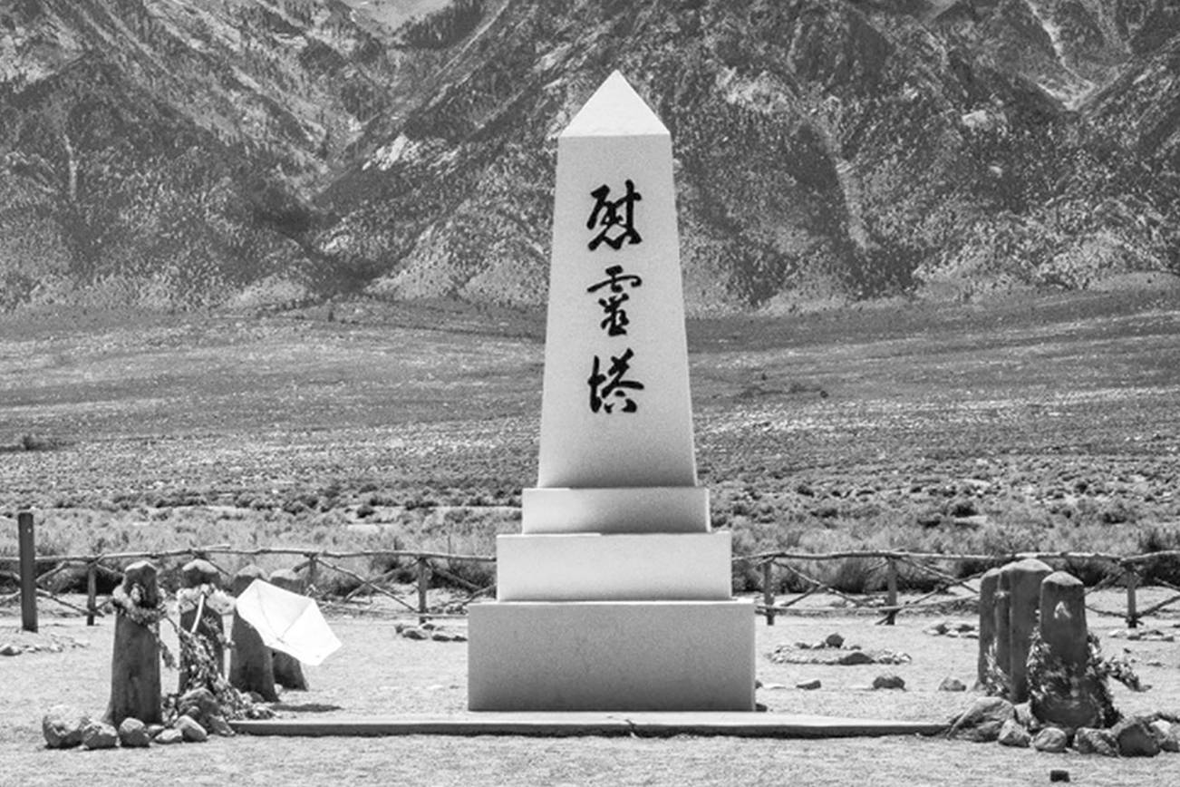 “Soul Consoling Tower, Cemetery, and the Sierra Nevada”, photographed in 2015, is one of the few remaining structures left after the camp was dismantled, sold off and bulldozed. The oblisk monument in the camps cemetery was designed and built by incarceree stonemason Ryozo Kado and is inscribed with Japanese characters which translate to “Soul Consoling Tower”.