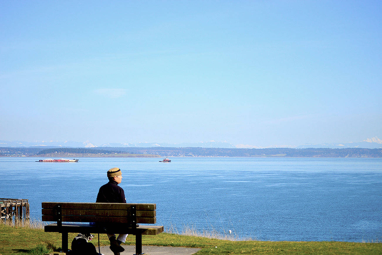 Carolyn Lewis, who's considering a move to Port Townsend from Geyserville, Calif., ascended the Bliss Vista Trail at Fort Worden State Park on Wednesday afternoon to behold the Salish Sea and Cascade Mountains. (Diane Urbani de la Paz/Peninsula Daily News)