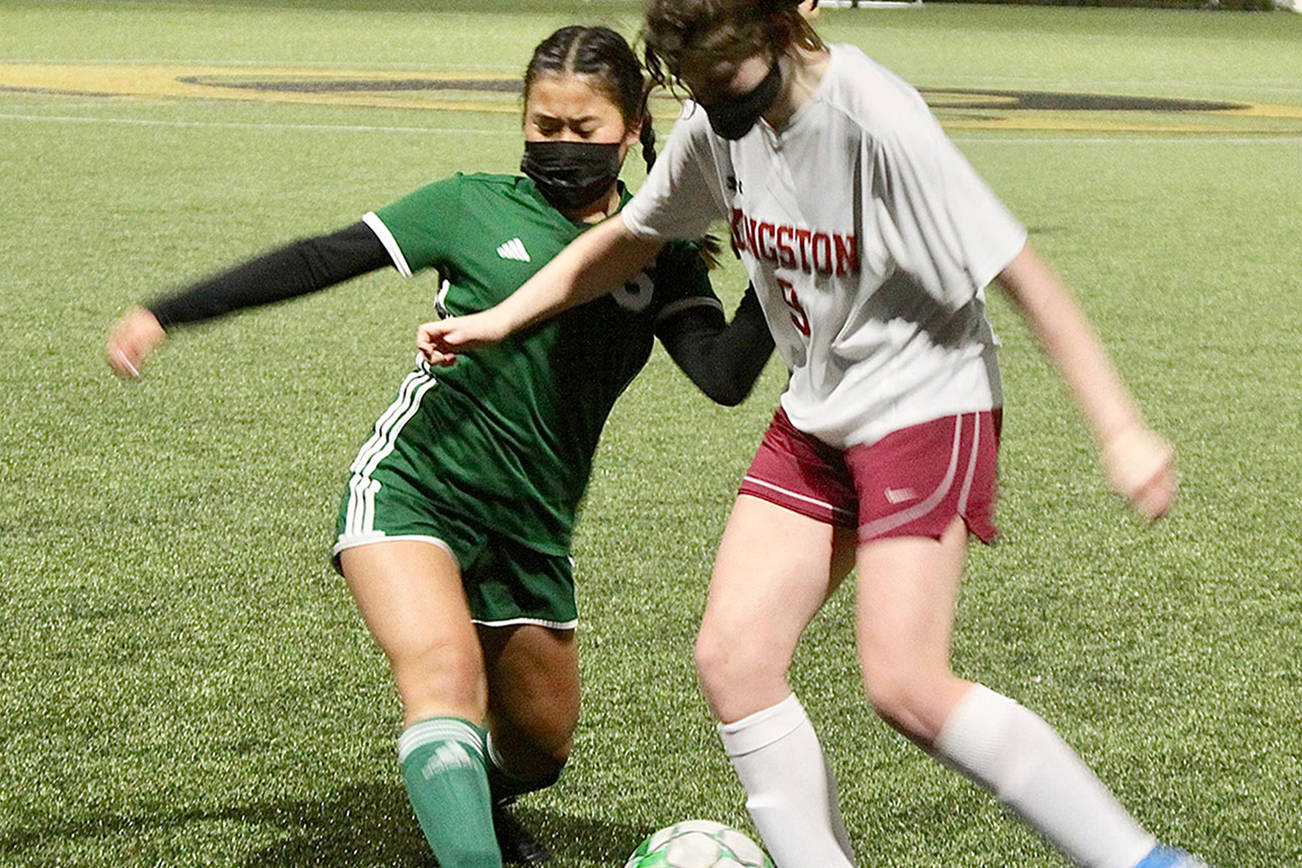 #6 Lily Sanders of PA tries to take the ball away from #9 Cora Caidis of Kingston. dlogan