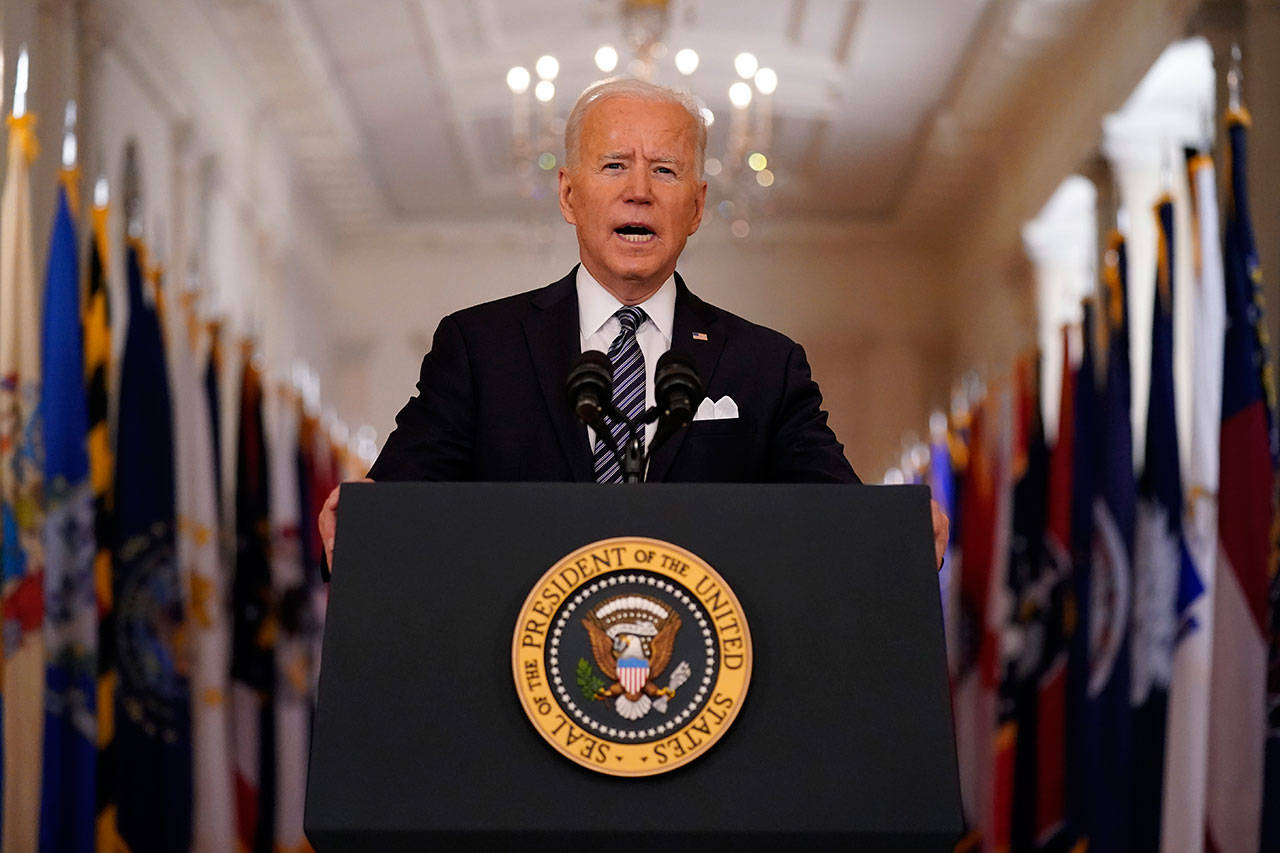 President Joe Biden speaks about the COVID-19 pandemic during a prime-time address from the East Room of the White House on Thursday in Washington. (Andrew Harnik/The Associated Press)