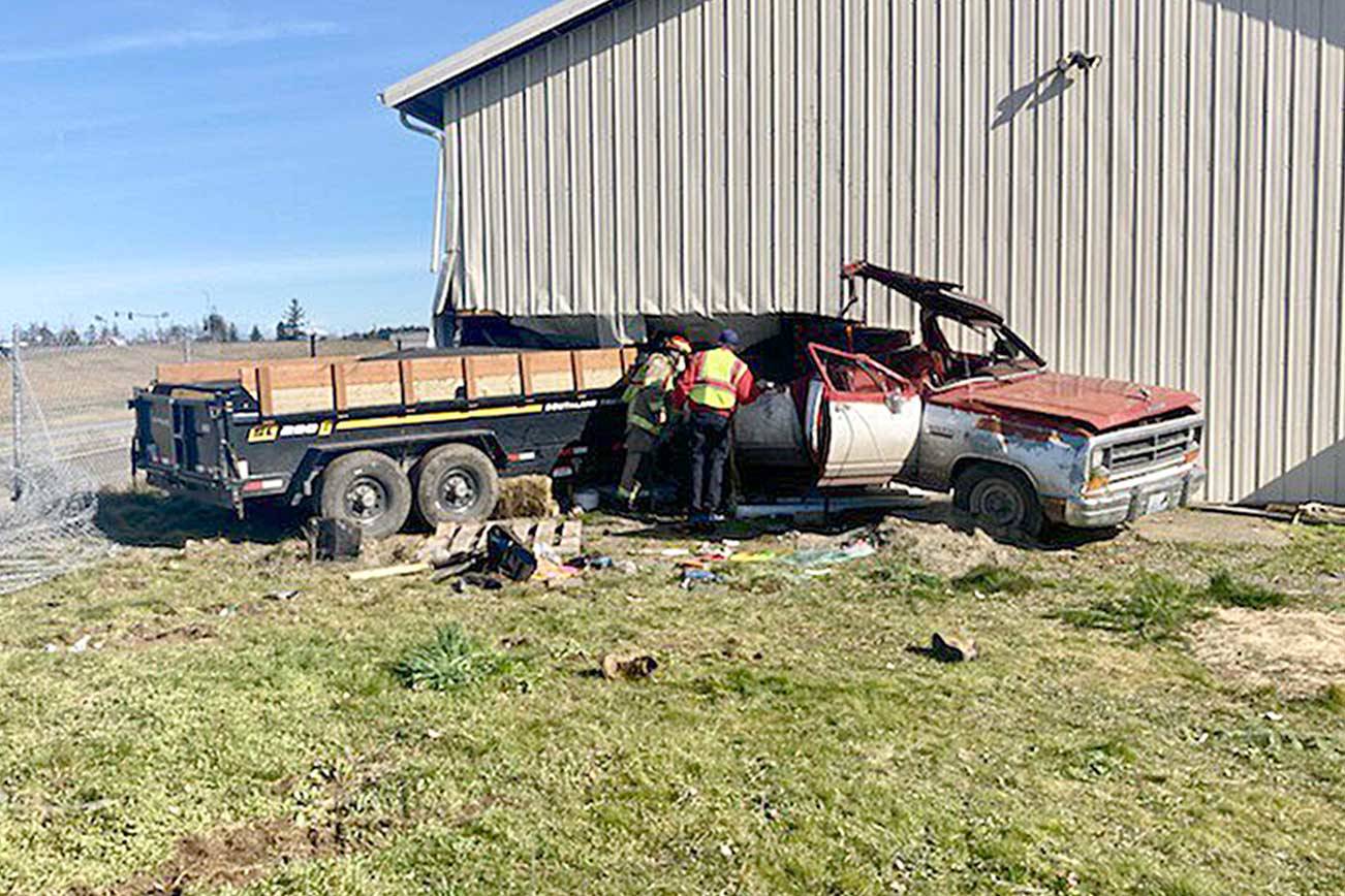 A Port Angeles man was transported to Olympic Medical Center with non-life-threatening injuries after his vehicle reportedly drifted off U.S. Highway 101 and into a building near River Road in Sequim. (Photo courtesy of Washington State Patrol)