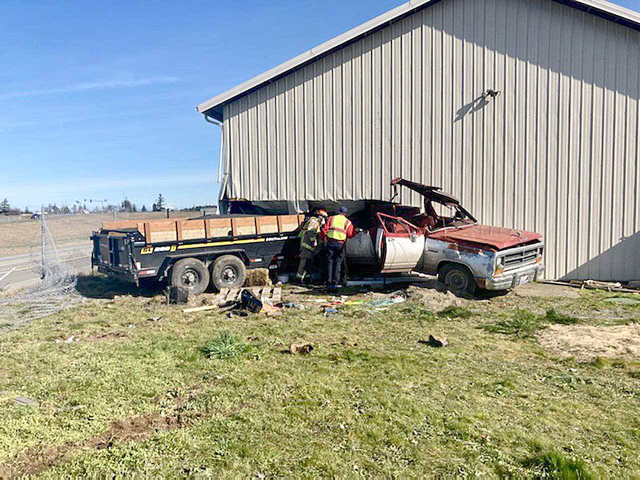 A Port Angeles man was transported to Olympic Medical Center with non-life-threatening injuries after his vehicle reportedly drifted off U.S. Highway 101 and into a building near River Road in Sequim. (Photo courtesy of Washington State Patrol)