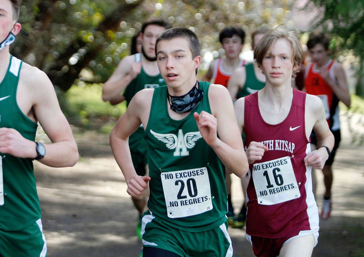 Maxwell Baeder, Port Angeles runs in the Olympic League cross country championships Saturday. (Mark Krulish/Kitsap News Group)