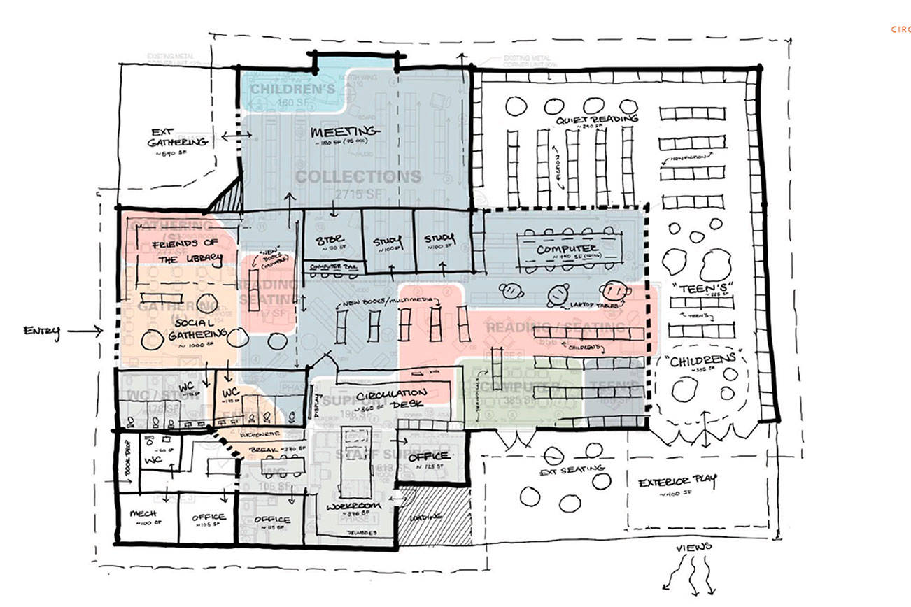 A floor plan for a proposed expansion of the North Olympic Library System’s Sequim branch shows more meeting space, study rooms and additional staff space among other alterations. Funding for the expansion is being considered by state legislators as part of Library Capital Improvement Program grants in Gov. Jay Inslee’s 2021-23 budget plan. (Artwork courtesy of North Olympic Library System)