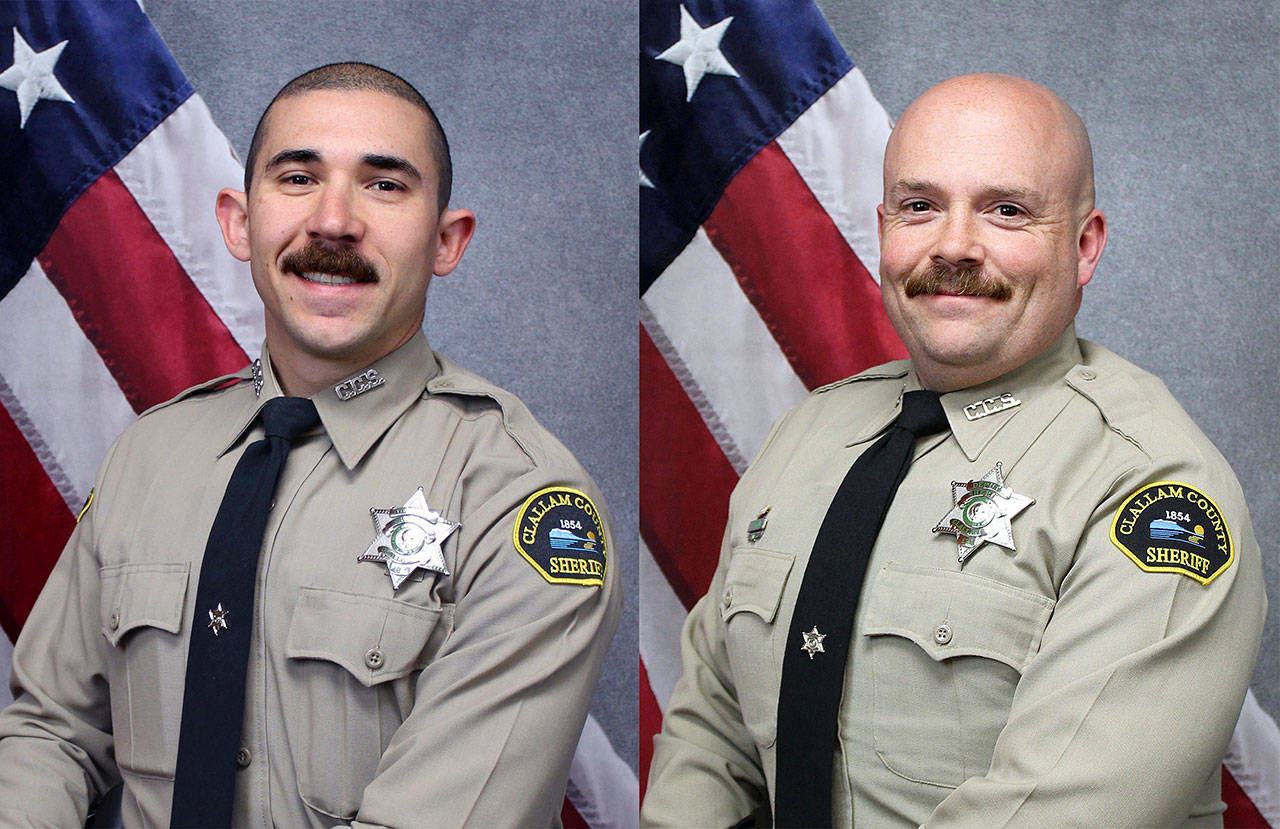 Clallam County deputies Hector Eagan, left, and Jason Earls graduated in late March from Washington state’s Basic Law Enforcement Academy. Photos courtesy of Clallam County Sheriff’s Office