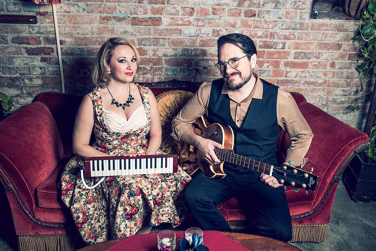 Vocalist Kate Voss and her husband Jason Goessl, aka Sundae + Mr. Goessl, bring their vintage jazz and humor to a live-streamed "In [Your] Living Room" concert tonight. The Juan de Fuca Foundation for the Arts hosts the online show. photo courtesy Sundae + Mr. Goe