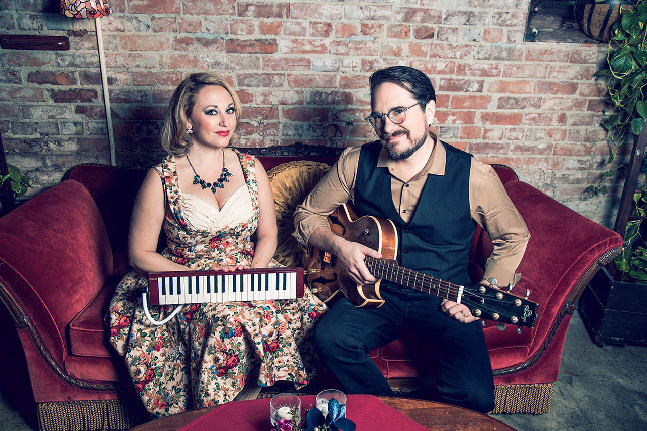 Vocalist Kate Voss and her husband Jason Goessl, aka Sundae + Mr. Goessl, bring their vintage jazz and humor to a live-streamed “In Living Room” concert tonight. The Juan de Fuca Foundation for the Arts hosts the online show. (Photo courtesy Sundae + Mr. Goessl)