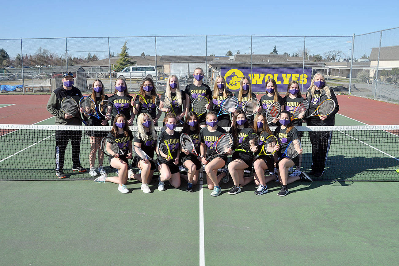 The Sequim girls tennis team remained unbeaten with a 7-0 sweep of East Jefferson on Wednesday. Team members and coaches are, back row, from left, coach Mark Textor, Amanda Weller, Malory Morey, Karlie Viada, McKenna Hastings, Kendall Hastings, Melissa Porter, Kalli Wiker, Kylie Sandstrom, Sydney Sandstrom, coach Allison Hastings and front row, Kariya Johnson, Olivia Preston, Ruby Romano, Danika Chen, Aidyn Shingleton, Allie Gail, Jordan Hegtvedt and Lindsay Swanson.