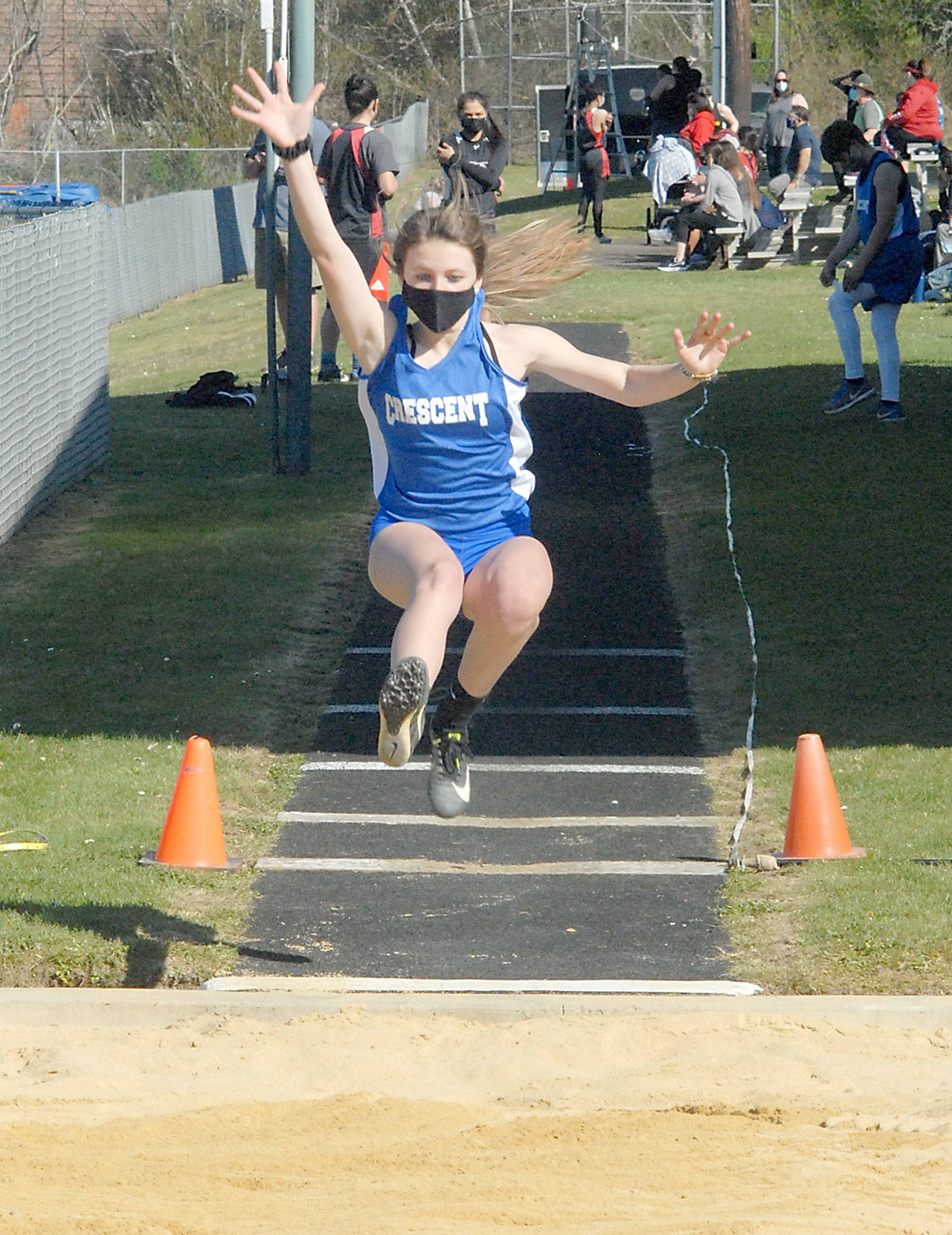 Crescents Makiah Clark competes in the long jump on Friday in Joyce. Clark tied for first place. (Keith Thorpe/Peninsula Daily News)