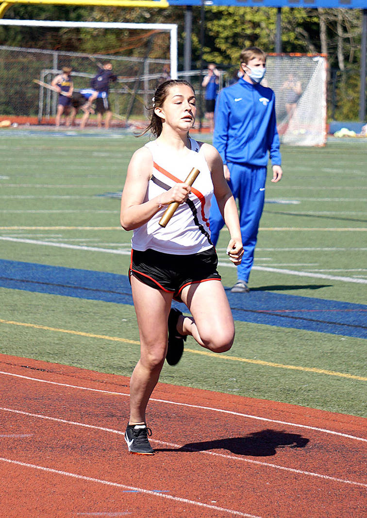 East Jefferson’s Audrey Matthes runs a relay race at Bainbridge on Saturday. (Photo courtesy of Randy Allworth)