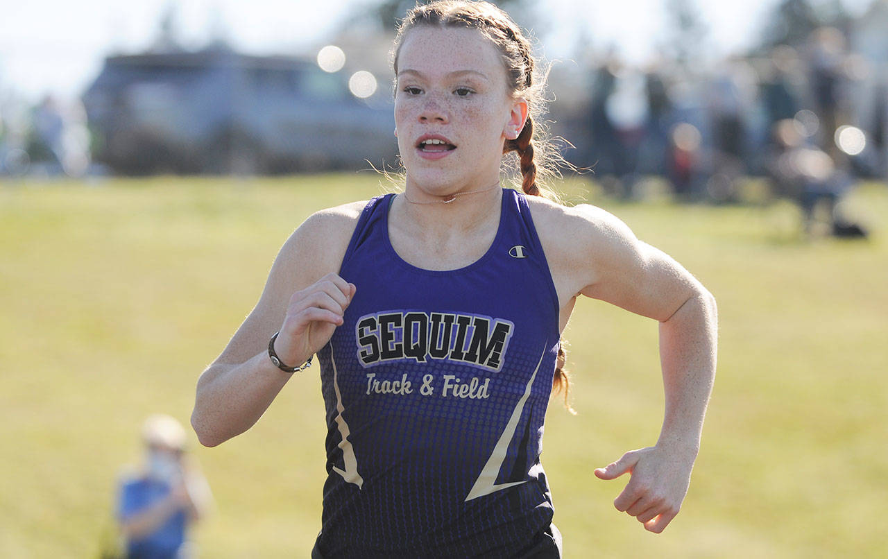 Sequim’s Riley Pyeatt at a meet in Port Angeles in March. Pyeatt won four individual and relay events Saturday at a Port Angeles meet. (Michael Dashiell/Olympic Peninsula News Group)