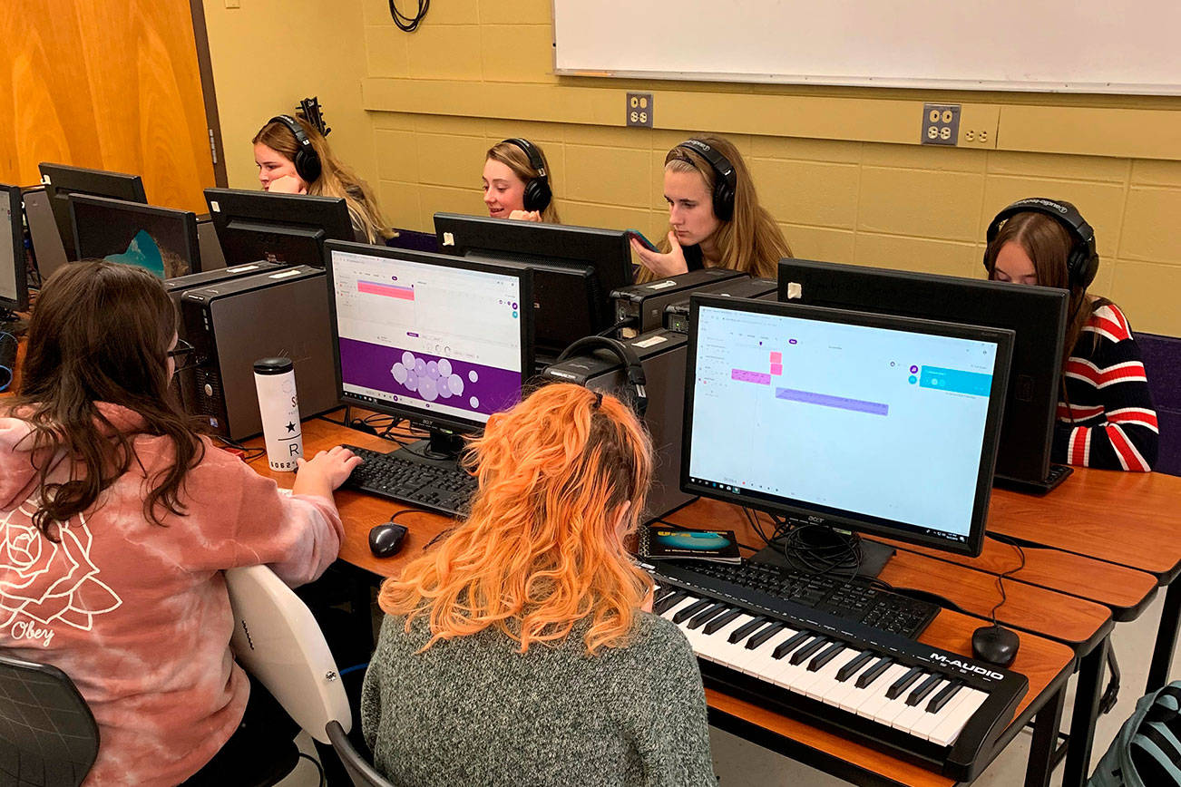 Sequim High School students explore music lessons in a Sequim Education Foundation-funded High School Music Lab in 2019-2020. (Submitted photo)