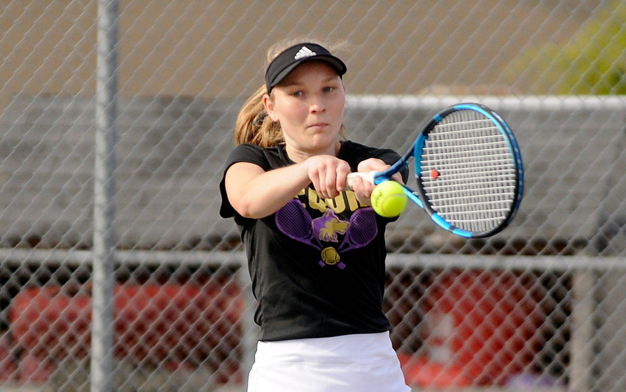 Sequim’s Melissa Porter and doubles partner Allie Gale (not pictured) defeated their Bremerton opponents 6-0, 6-0 as the Wolves knocked off the Knights 7-0. (Michael Dashiell/Olympic Peninsula News Group)