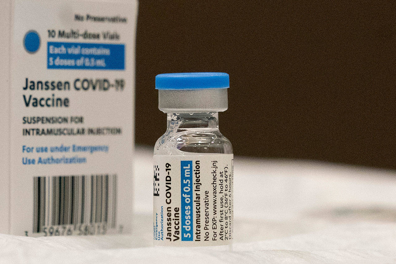 In this March 3 photo, a vial of the Johnson & Johnson COVID-19 vaccine is displayed at South Shore University Hospital in Bay Shore, N.Y. With the U.S. pause of the vaccine, authorities are weighing whether to resume the shots the way European regulators decided to — with warnings of a “very rare” risk. (AP Photo/Mark Lennihan, File)