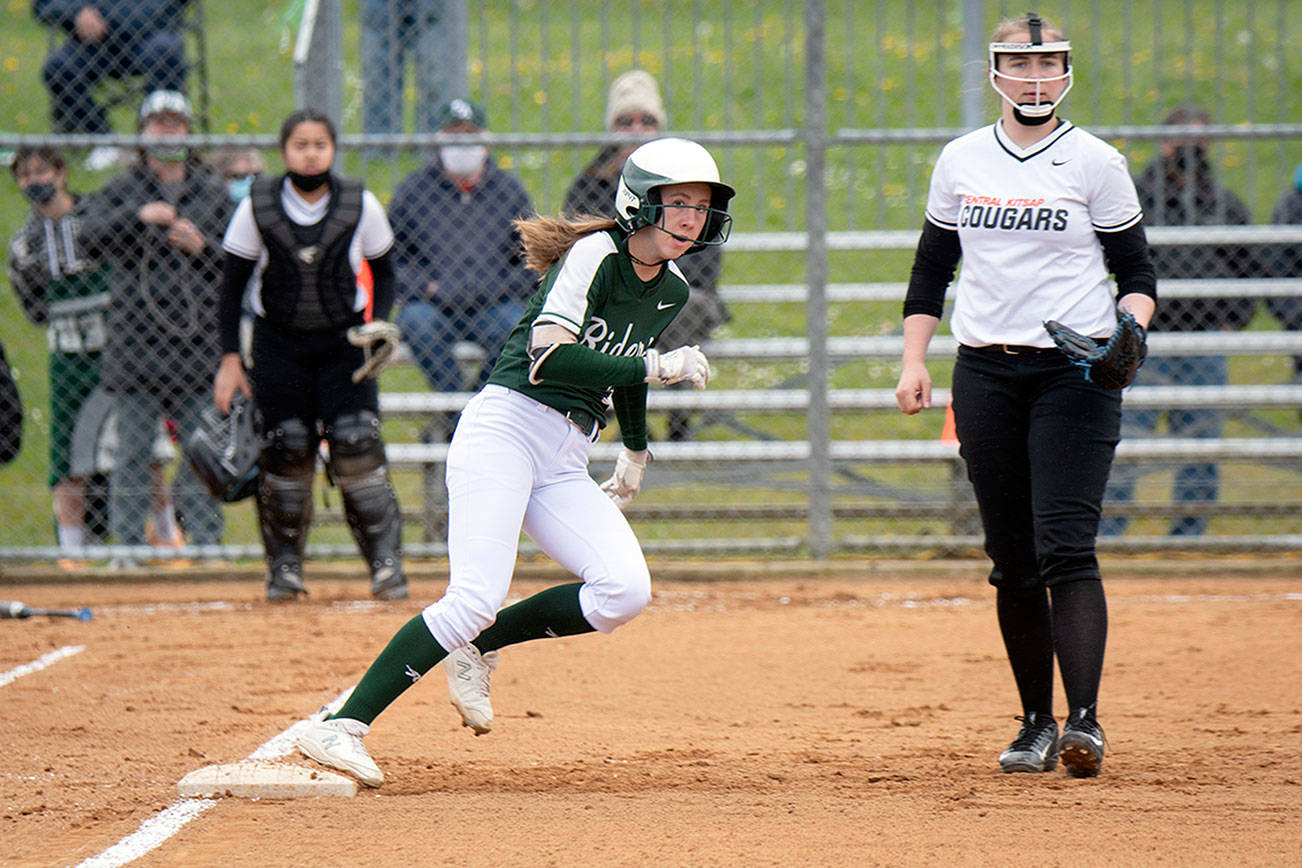 Jesse Major/for Peninsula Daily News
Port Angeles' Zoe Smithson rounds first base against Central Kitsap. Smithson hit two home runs in Monday's 10-0 win and is batting .651 on the season.