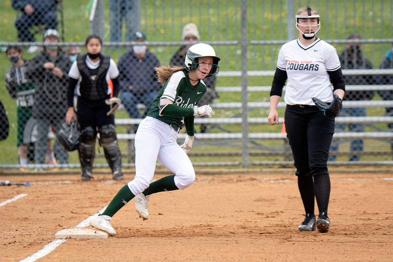 Port Angeles’ Zoe Smithson rounds first base against Central Kitsap. Smithson hit two home runs in Monday’s 10-0 win and is batting .651 on the season. (Jesse Major/for Peninsula Daily News)