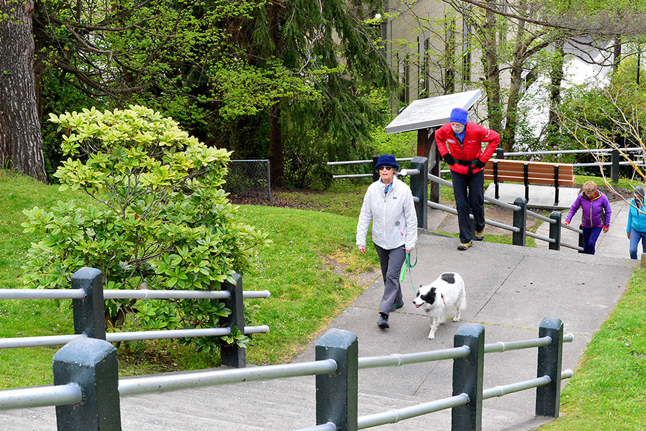 Christine Edwards, her Border collie Zoe by her side, and Mari Friend lead the charge Wednesday morning up the Taylor Street stairs, a de facto exercise facility connecting downtown and Uptown Port Townsend. (Diane Urbani de la Paz/Peninsula Daily News)
