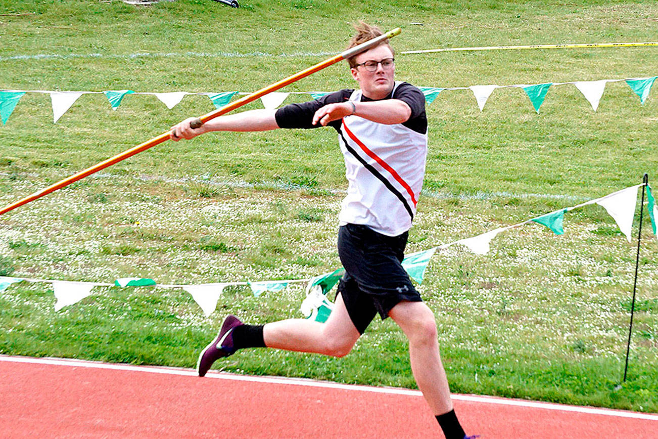 Photo courtesy of Randy Miles
East Jefferson's Tusker Behrenfeld took first place in the javelin at a Nisqually League meet Saturday.