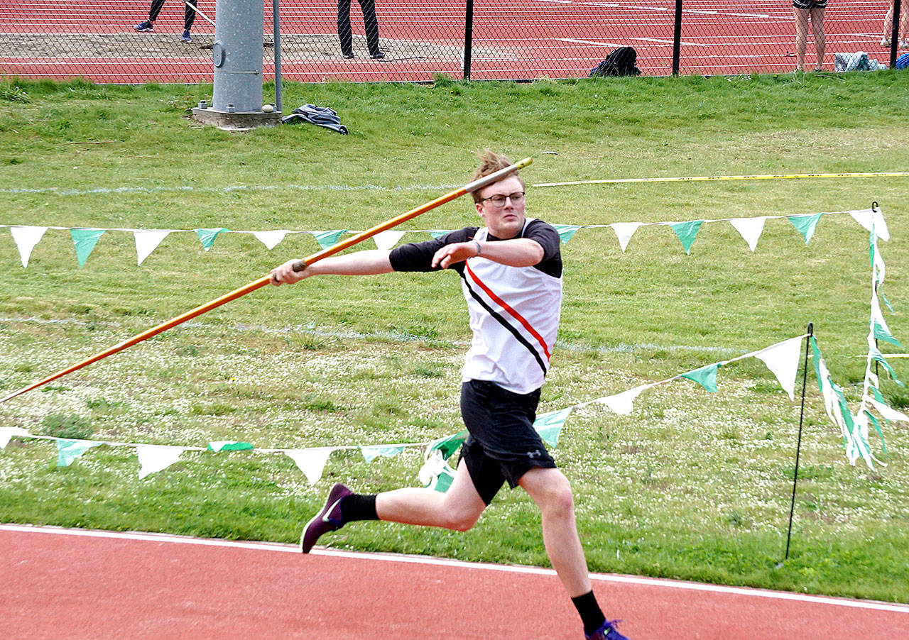East Jeffersons Tusker Behrenfeld took first place in the javelin at a Nisqually League meet Saturday. (Photo courtesy of Randy Miles)