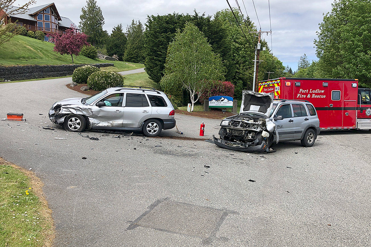 Two vehicles were destroyed in a collision on Oak Bay Road on Tuesday that sent two people to a hospital.(Photo courtesy of Jefferson County Sheriff's Office)