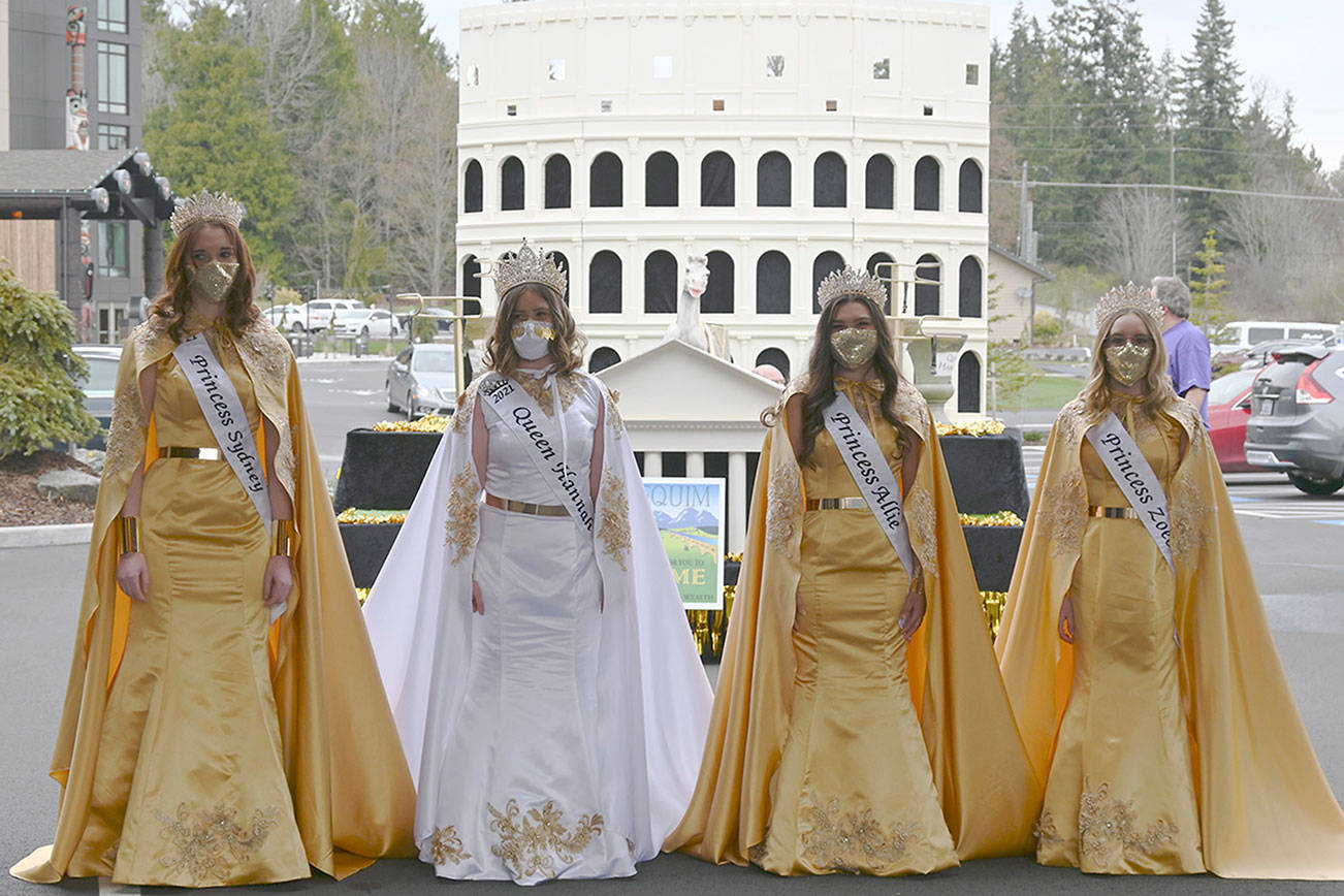 The Sequim Irrigation Festival's royalty for 2021, from left, princess Sydney VanProyen, queen Hannah Hampton, and princesses Allie Gale and Zoee Kuperus will travel through Sequim on Saturday for the Grand Parade/Procession at 5 p.m. It can be viewed online and in-person with the route to be revealed online at www.irrigationfestival.com today.  Michael Dashiell/Olympic Peninsula News Group