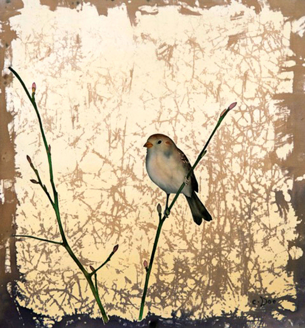 “Sparrow in Sepia II,” a framed silk batik by Carolyn Doe, in featured at Gallery 9 this month.