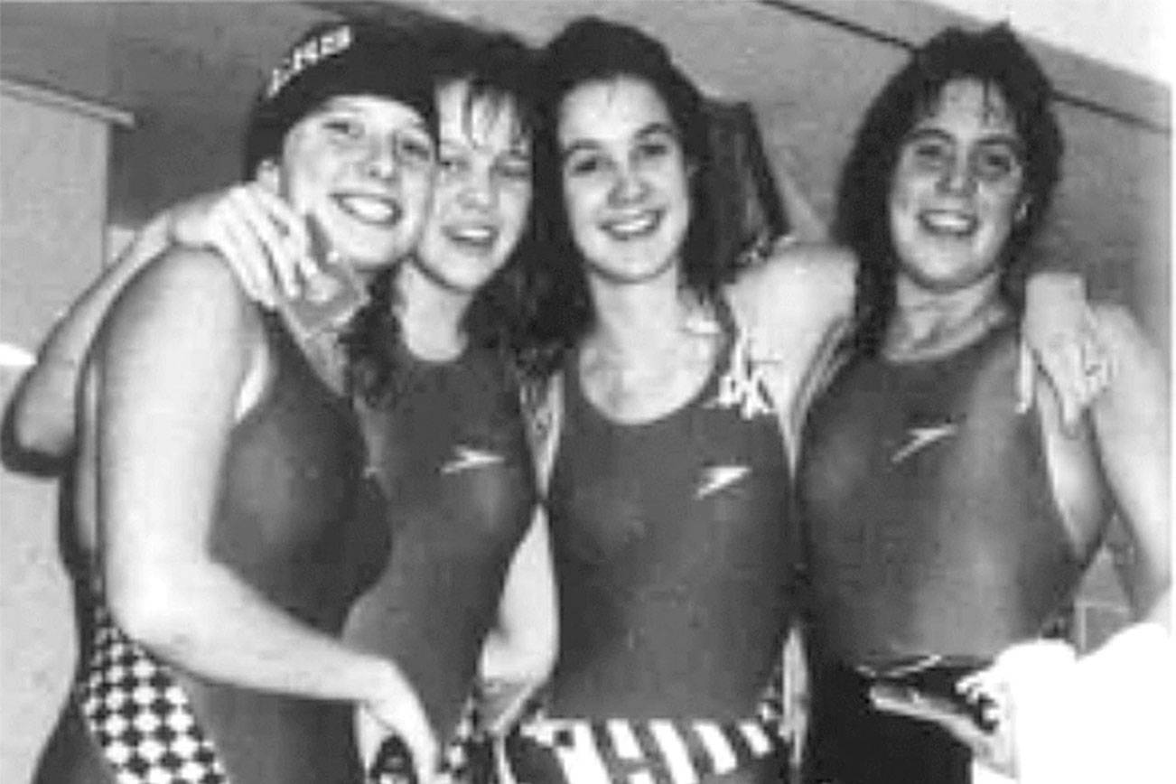 Courtesy photo
Port Angeles' Jenny Nixon, second from right, was a member of a state championship Roughriders 400 freestyle relay team in 1989. She was named to the Port Angeles Hall of Fame in 2020 and will finally be inducted in a ceremony in August.