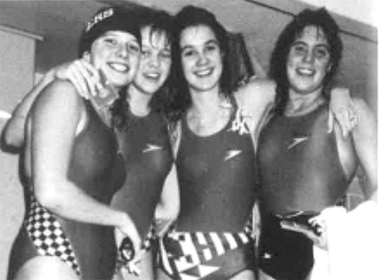 Port Angeles’ Jenny Nixon, second from right, was a member of a state championship Roughriders 400 freestyle relay team in 1989. She was named to the Port Angeles Hall of Fame in 2020 and will finally be inducted in a ceremony in August. (Courtesy photo)