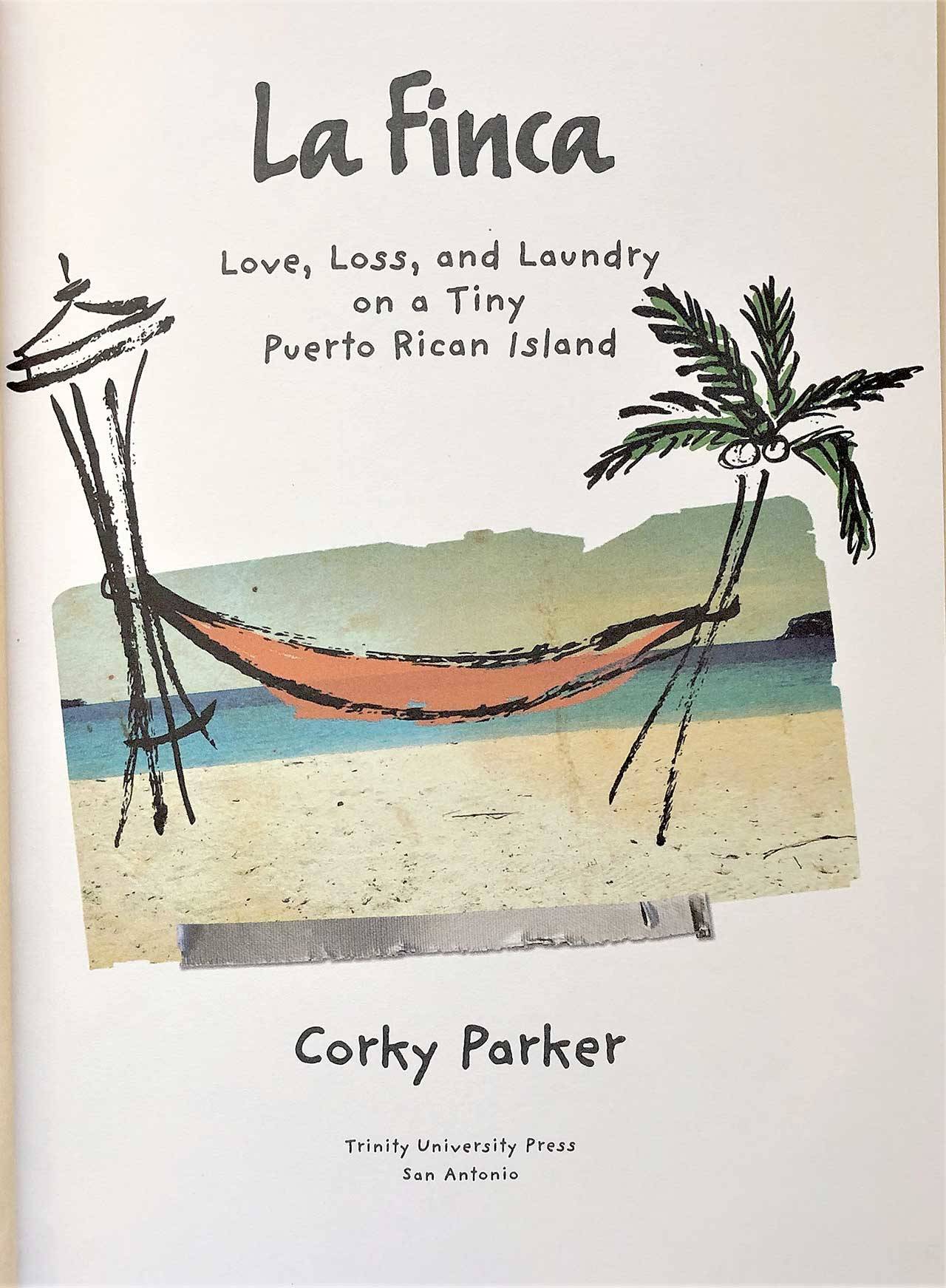 The title page of Corky Parker’s new book illustrates her two lives in the Pacific Northwest and on the Puerto Rican island of Vieques. (Diane Urbani de la Paz/Peninsula Daily News)