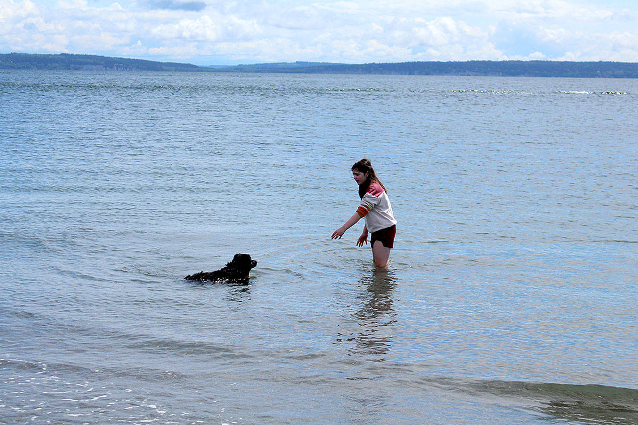 Rain Walker of Silverdale plays with her dog Bodhi in the water at the beach of Fort Worden State Park on Wednesday during a day trip her family took to the park and Port Townsend. Pleasant weather is expected to continue across the North Olympic Peninsula into the weekend with a chance of showers forecast for Sunday. (Zach Jablonski/Peninsula Daily News)