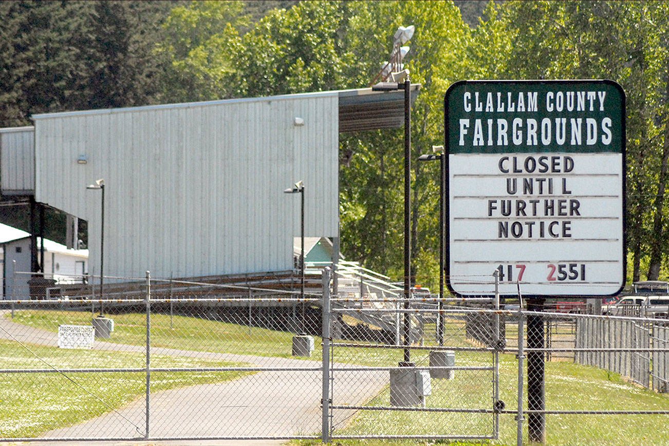 Keith Thorpe/Peninsula Daily News
A sign at the west entrance informs of the indefinite closure of the Clallam County Fairgrounds in Port Angeles. Clallam County Fair officials have cancelled the annual fair for a second year.