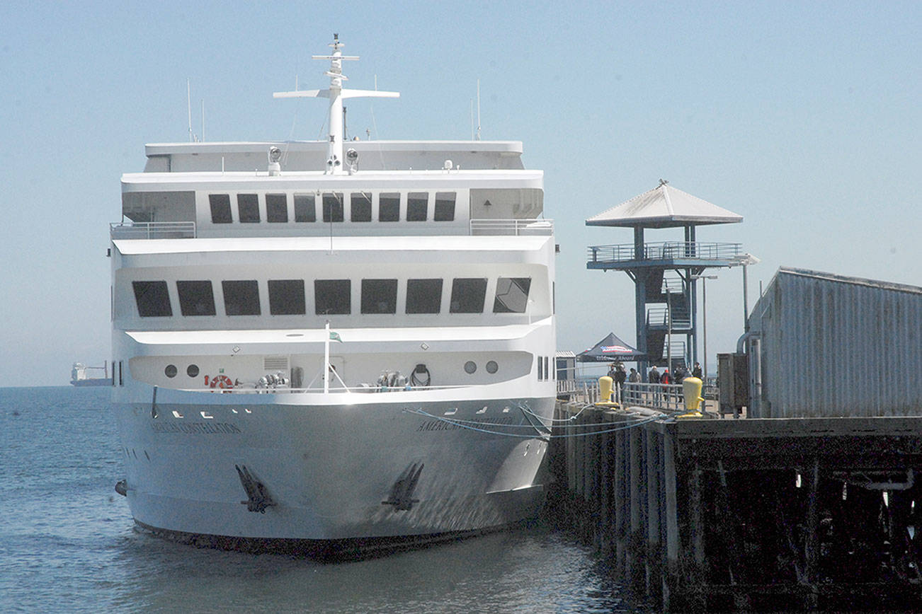 Keith Thorpe/Peninsula Daily News
The cruist ship American Constellation sits at Port Angeles City Pier on Friday, marking the beginning of cruise season on the Salish Sea and Puget Sound. The ship, and its sister vessel American Spirt, both part of American Cruise Lines, are scheduled for weekly visits to Port Angeles, Port Townsend and other regional destinations out of Seattle from now through October.