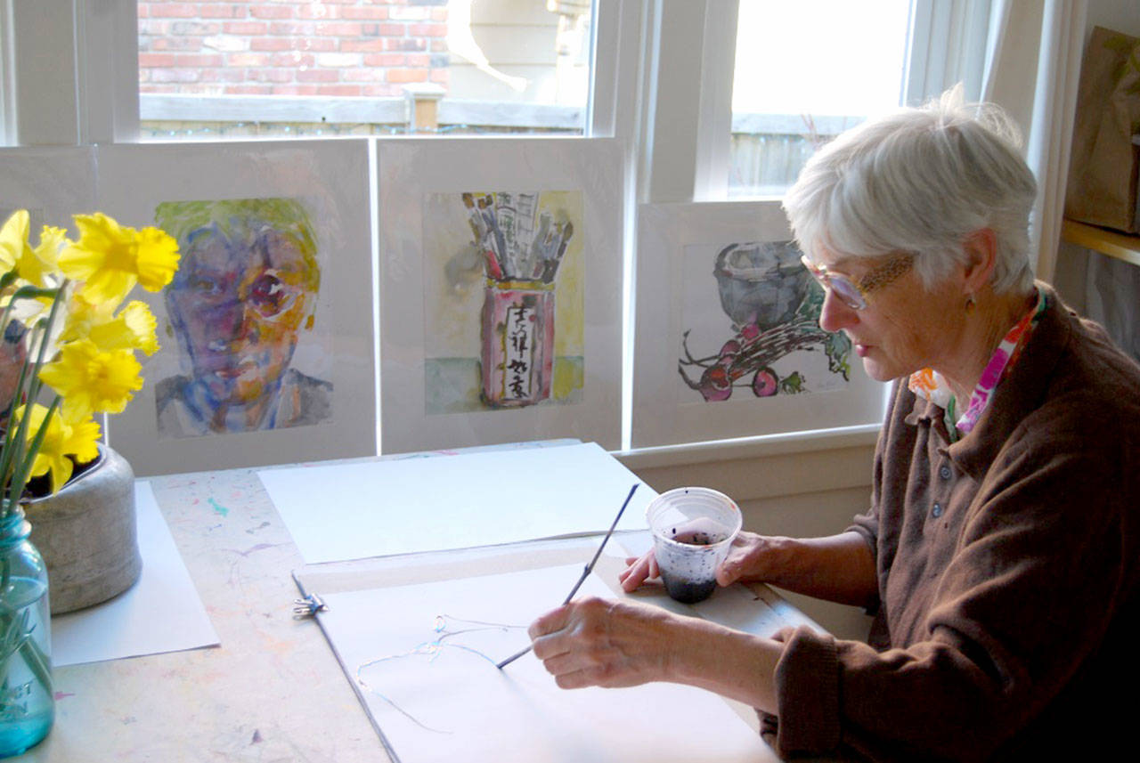 Nancy McFaul’s pen-and-ink and watercolor artwork will be on display at Harbor Art Gallery.