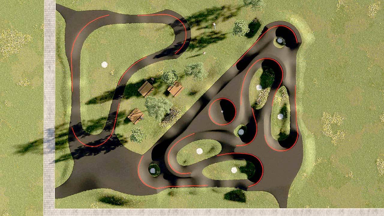 This conceptual drawing shows the BMX pump track planned for Erickson Playfield in Port Angeles. Organizers hope to open the track in October. (American Ramp Co./Velosolutions)