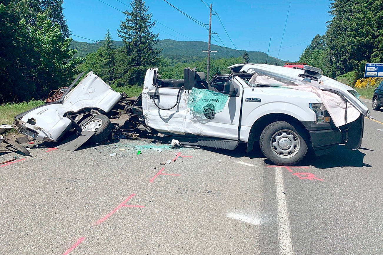 A Washington State Patrol officer was seriously injured Tuesday morning when the driver of a stolen pickup struck his vehicle on U.S. Highway 101 at Discovery Bay. (Photo courtesy of the Washington State Patrol)