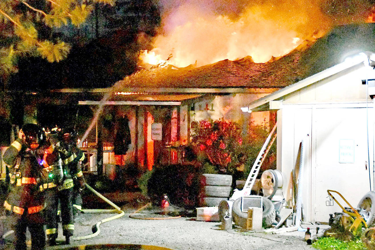 Clallam County Fire District 2
A late Monday evening blaze that firefighters said appeared to begin on the exterior of the building destroyed a home on West U.S. Highway 101 when the residents were not home.