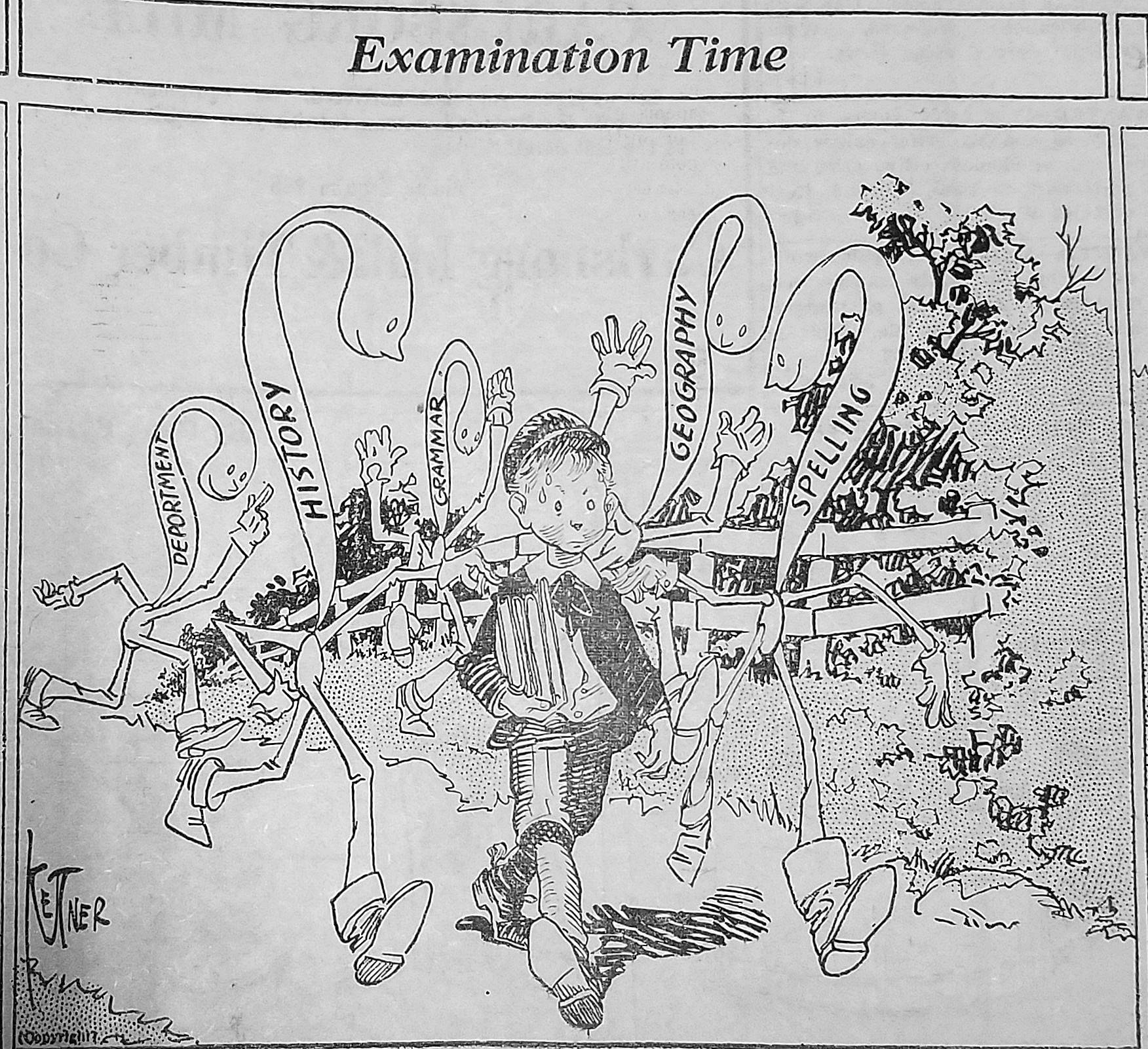 An editorial cartoon from June 1921, highlighting the stress students face. (Port Angeles Evening News)