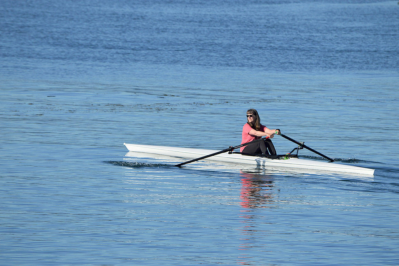 Linda Ward of Port Townsend is among several solo participants in the Seventy48, the 70-mile, human-powered boat race starting tonight in Tacoma. This will be her first time as a solo participant with her Winged Maas Aero rowing shell. (Diane Urbani de la Paz/Peninsula Daily News)