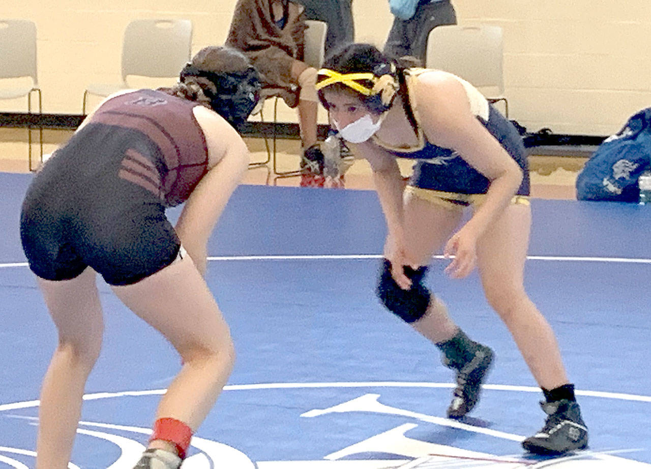 Forks Karen Ensastequi-Salazar wrestles in a double dual versus Curtis and Bethel high schools this weekend. (Courtesy photo)