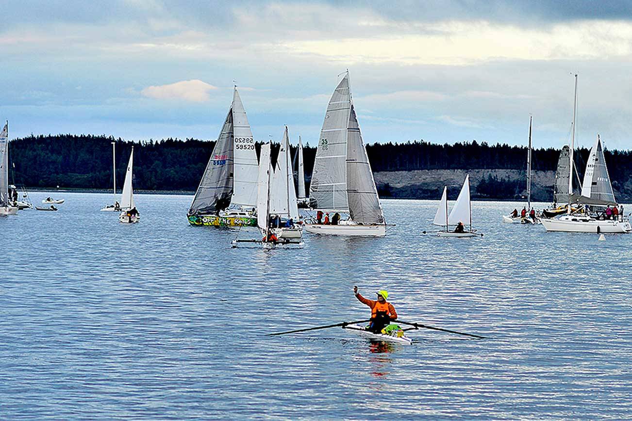 Rower Ken Deem of Tacoma, who placed second in the Seventy48 race last weekend, took a picture just before he started the WA360 in Port Townsend Bay on Monday morning. (Diane Urbani de la Paz/Peninsula Daily News)